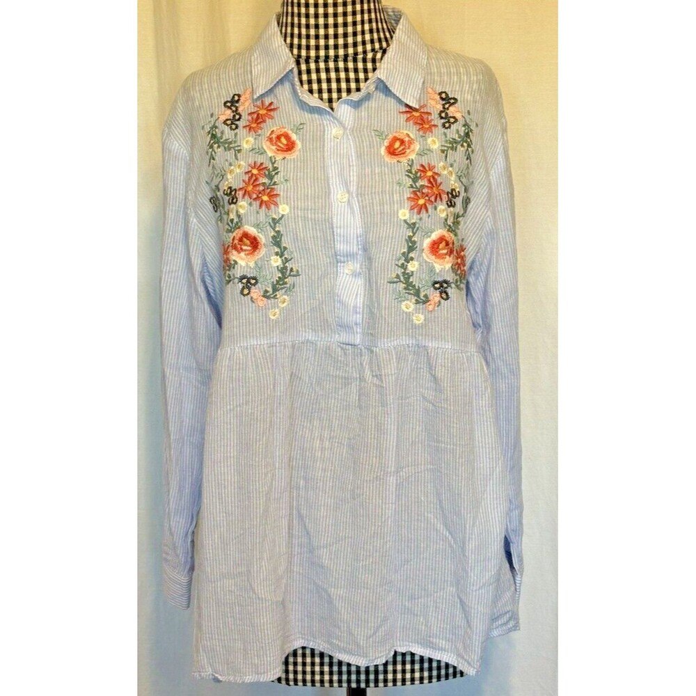 Tassels n lace Women Blue Striped Long Sleeve Blouse Floral Embroidered Size Med